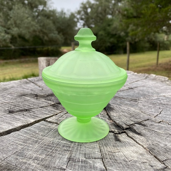 Vintage Other Vintage Frosted Green Uranium Glass Candy Dish With Lid Poshmark